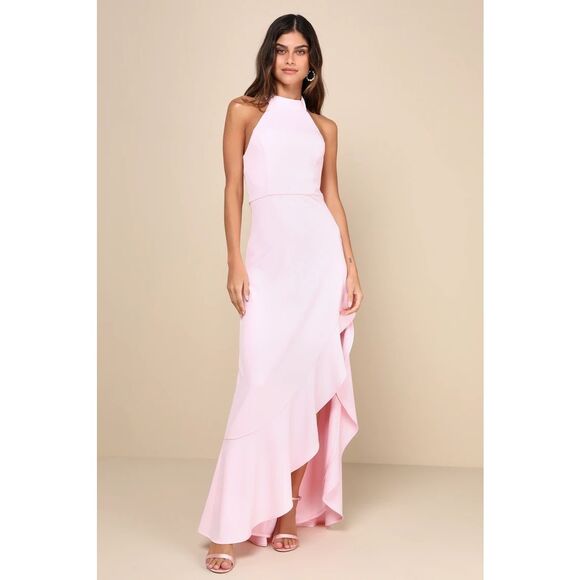 Lulus Majestic Perfection Light Pink Ruffled Halter Maxi Dress Size M NWT - Picture 1 of 9
